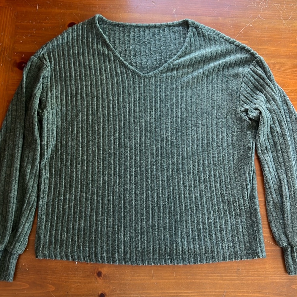 SHEIN Frenchy Drop Shoulder Ribbed Knit Green V Neck Shirt